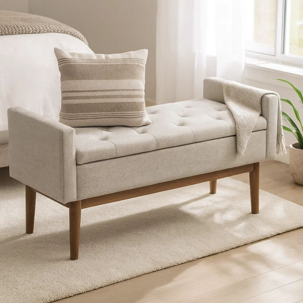 Storage Bench | Tufted Fabric | Low Arms | Light Gray