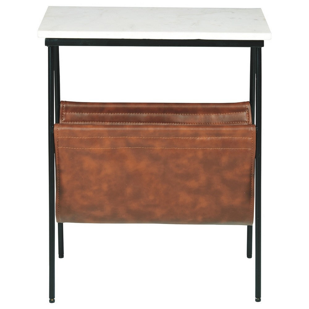 Accent Table | Marble Top | Faux Leather Swing Holder | White & Brown