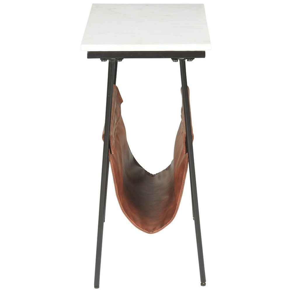 Accent Table | Marble Top | Faux Leather Swing Holder | White & Brown