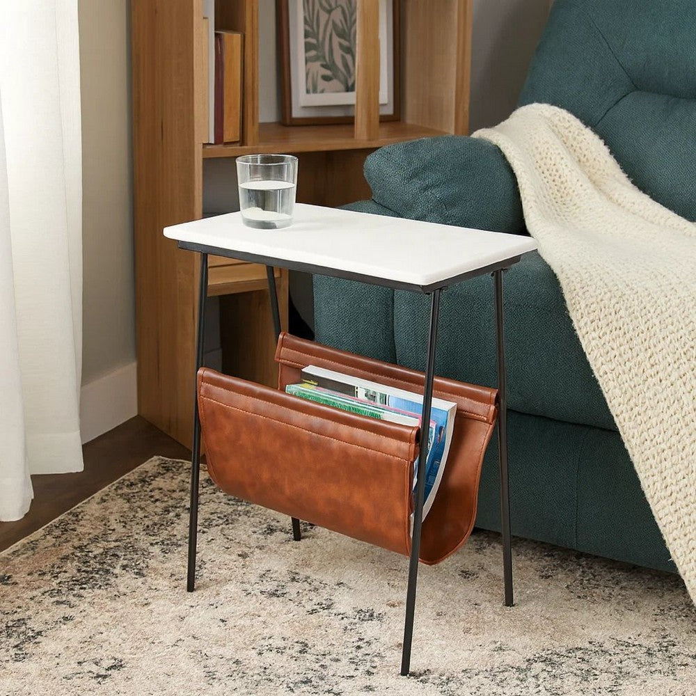 Accent Table | Marble Top | Faux Leather Swing Holder | White & Brown