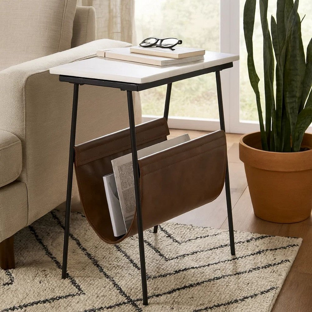 Accent Table | Marble Top | Faux Leather Swing Holder | White & Brown
