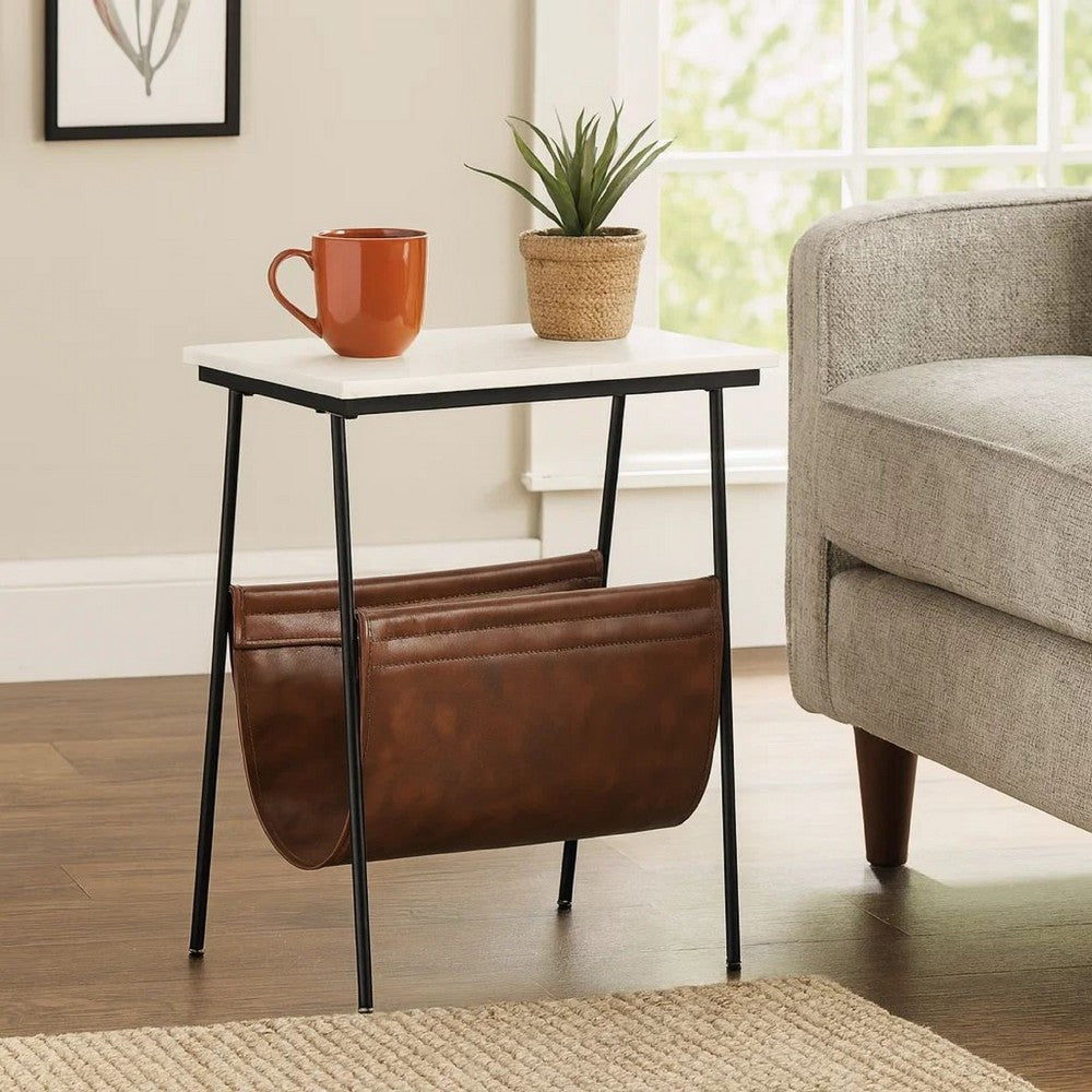 Accent Table | Marble Top | Faux Leather Swing Holder | White & Brown
