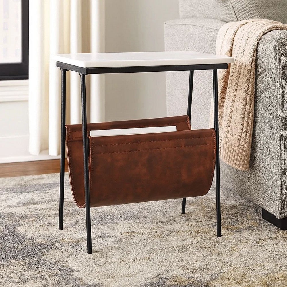 Accent Table | Marble Top | Faux Leather Swing Holder | White & Brown