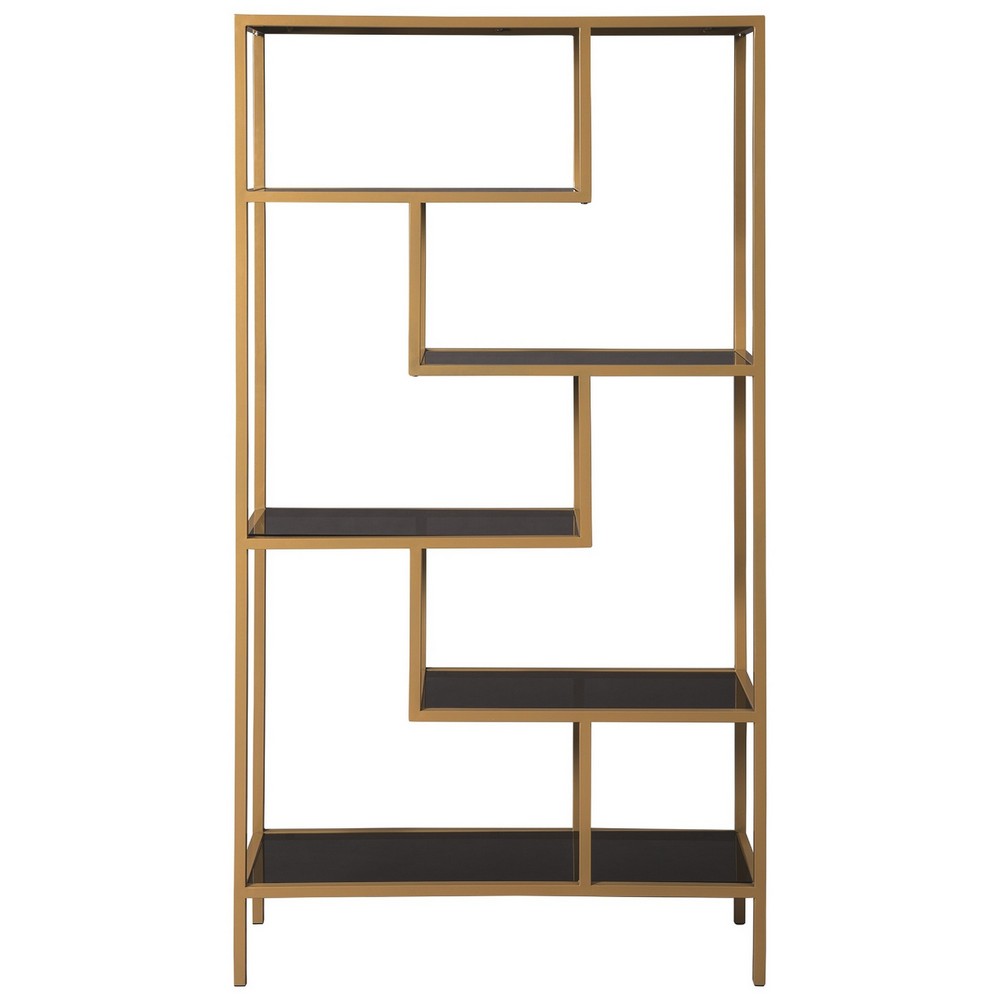 Ashley Metal Frame Bookcase with 5 Tiered Display Glass Shelves, Gold and Black