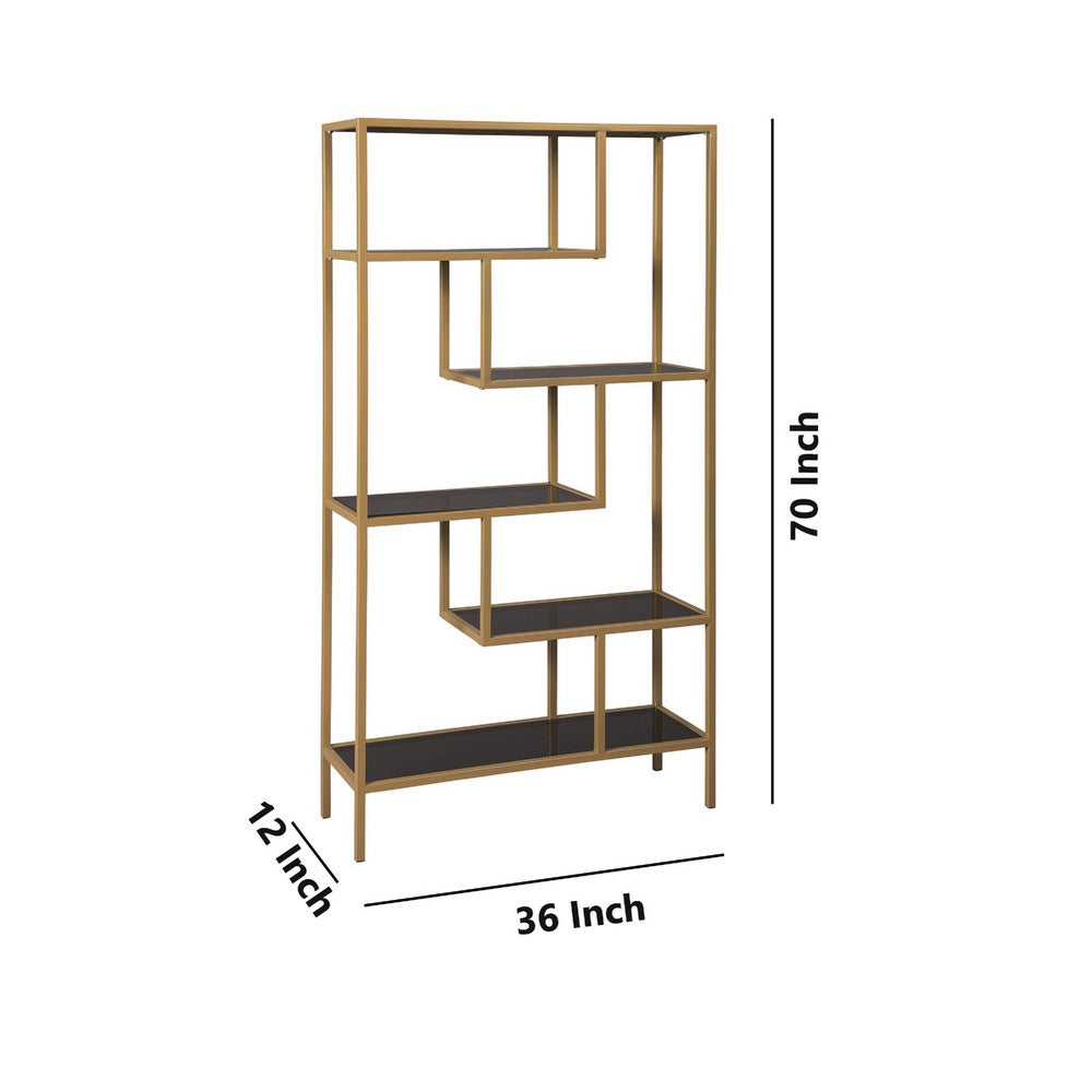 Ashley Metal Frame Bookcase with 5 Tiered Display Glass Shelves, Gold and Black
