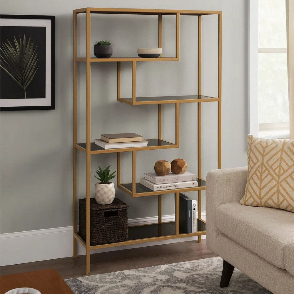 Ashley Metal Frame Bookcase with 5 Tiered Display Glass Shelves, Gold and Black