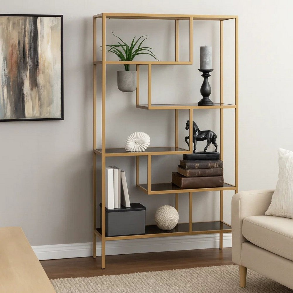 Ashley Metal Frame Bookcase with 5 Tiered Display Glass Shelves, Gold and Black