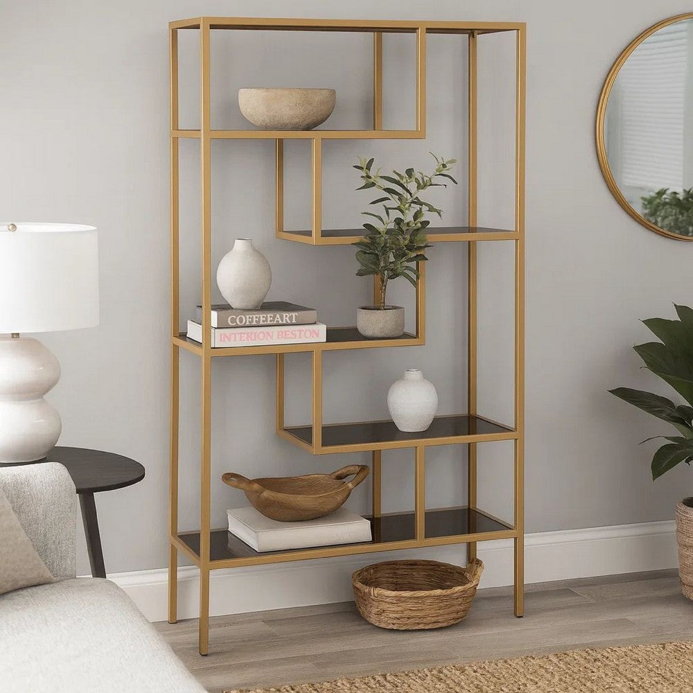 Ashley Metal Frame Bookcase with 5 Tiered Display Glass Shelves, Gold and Black