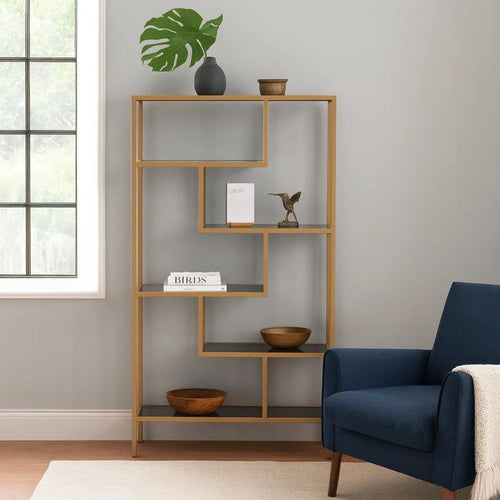 Ashley Metal Frame Bookcase with 5 Tiered Display Glass Shelves, Gold and Black