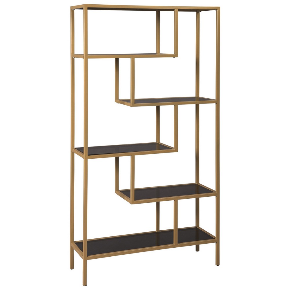 Ashley Metal Frame Bookcase with 5 Tiered Display Glass Shelves, Gold and Black
