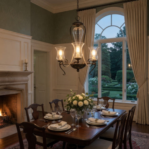 Chandelier | 3 Bulb | Scrolled Metal Frame | Gray & Clear Glass