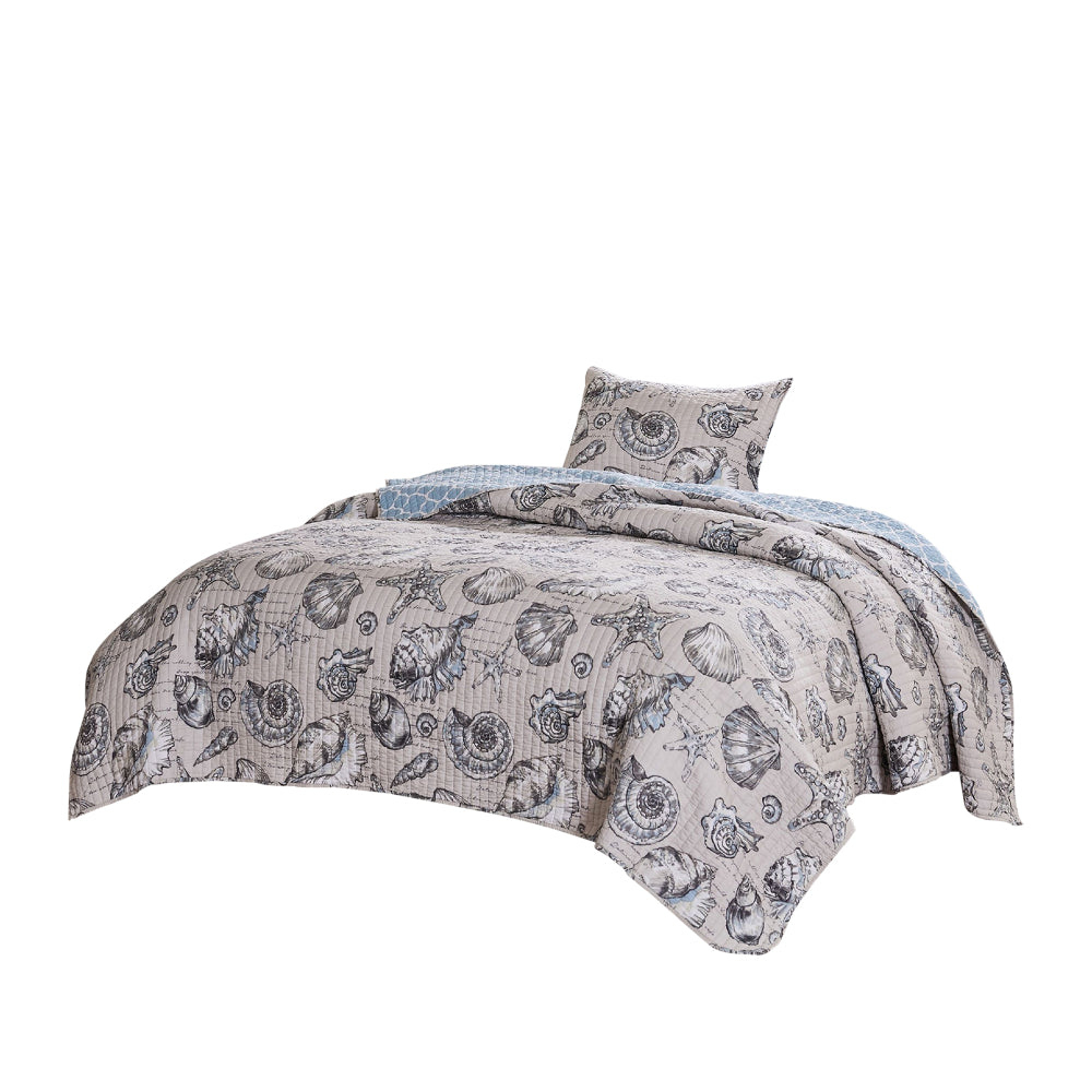 2 Piece Twin Quilt Set with Seashell and Starfish Print White and Gray By Casagear Home BM226414