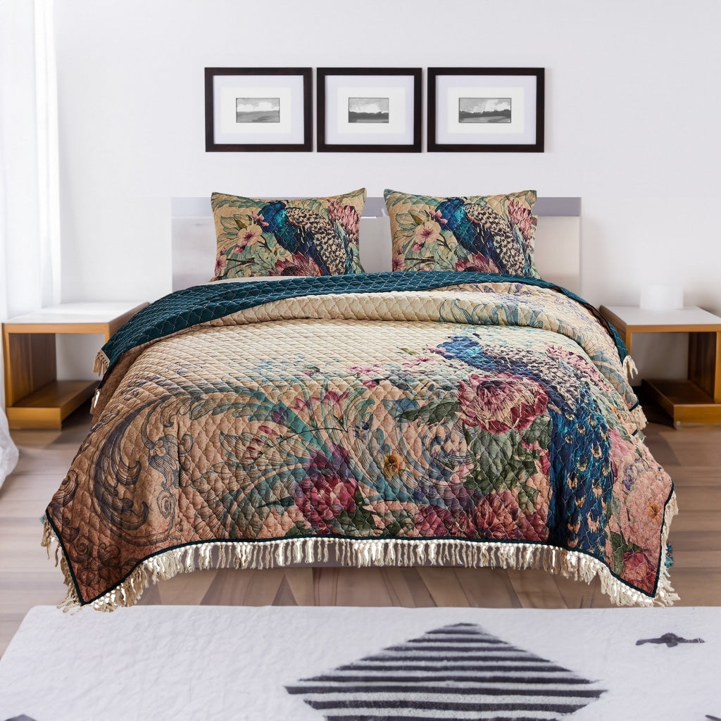 3 Piece King Size Quilt Set with Floral Print and Crochet Trim, Multicolor By Casagear Home
