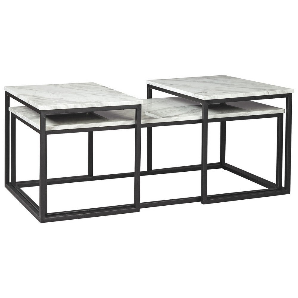 3 Piece Occasional Table Metal Frame Marble Top White and Black By Casagear Home BM226510