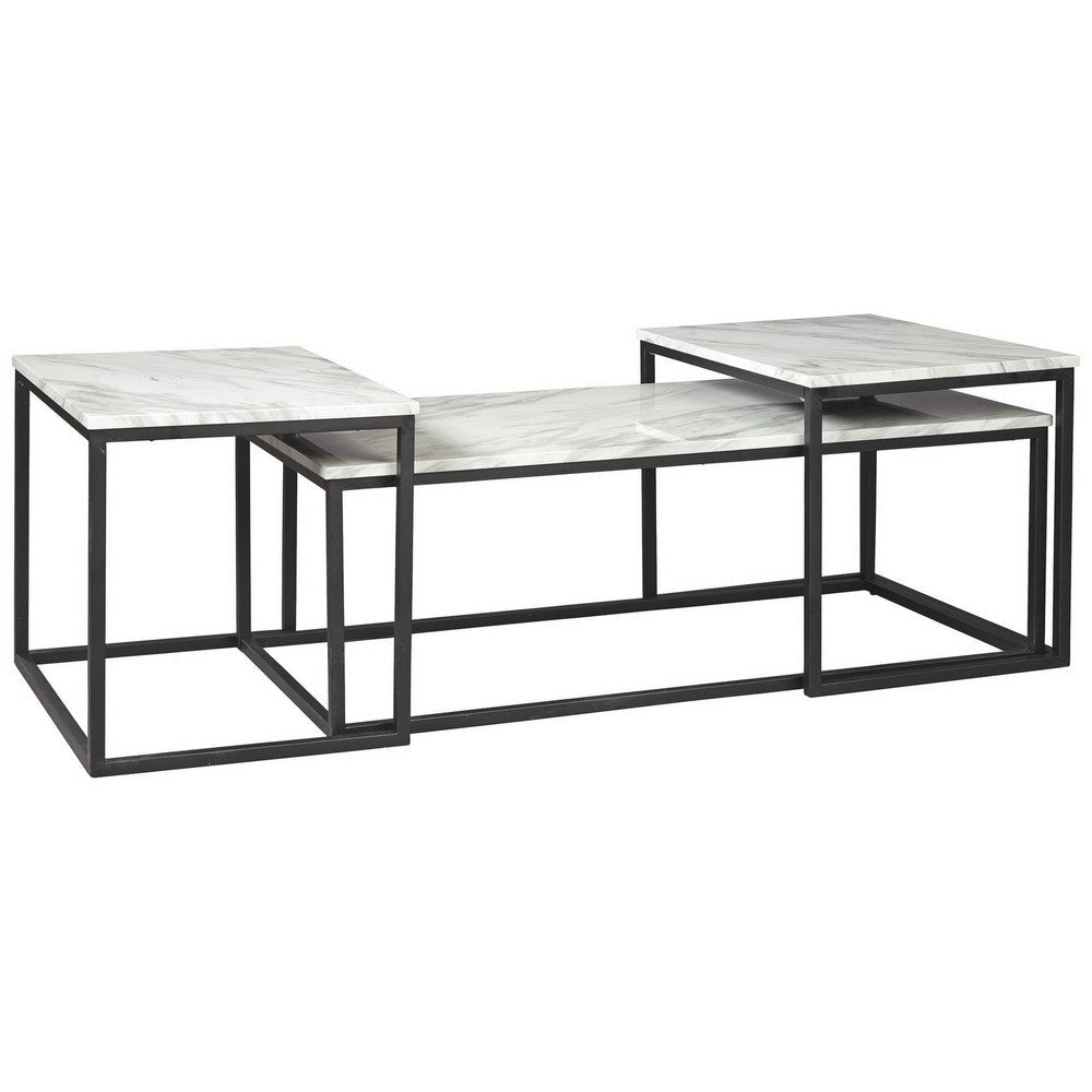 Occasional Table Set | 3 Piece | Marble Top | Metal Frame | White & Black