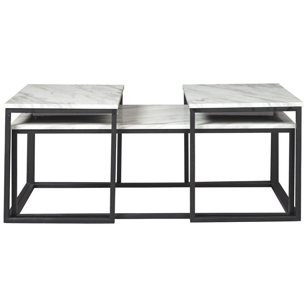 3 Piece Occasional Table Metal Frame Marble Top White and Black By Casagear Home BM226510