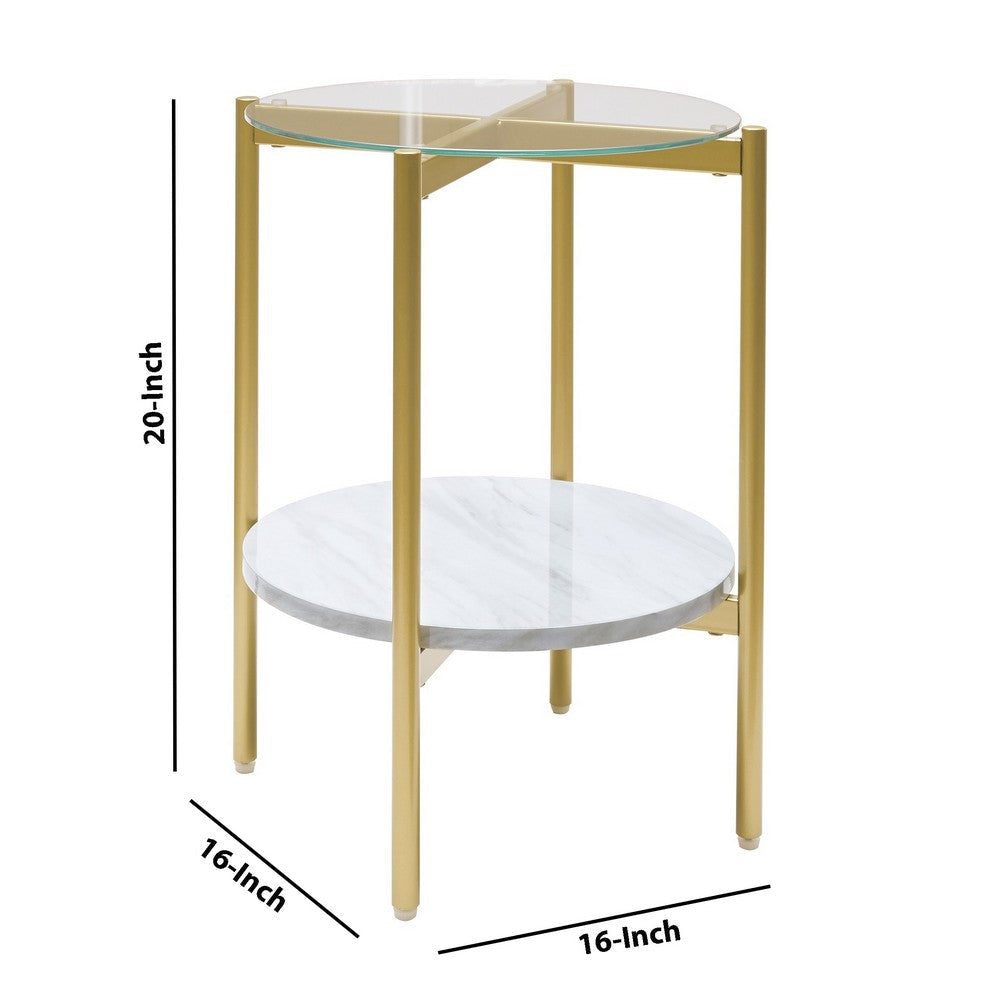 Glass Top Metal End Table with Marble Shelf, Gold and White By Casagear Home