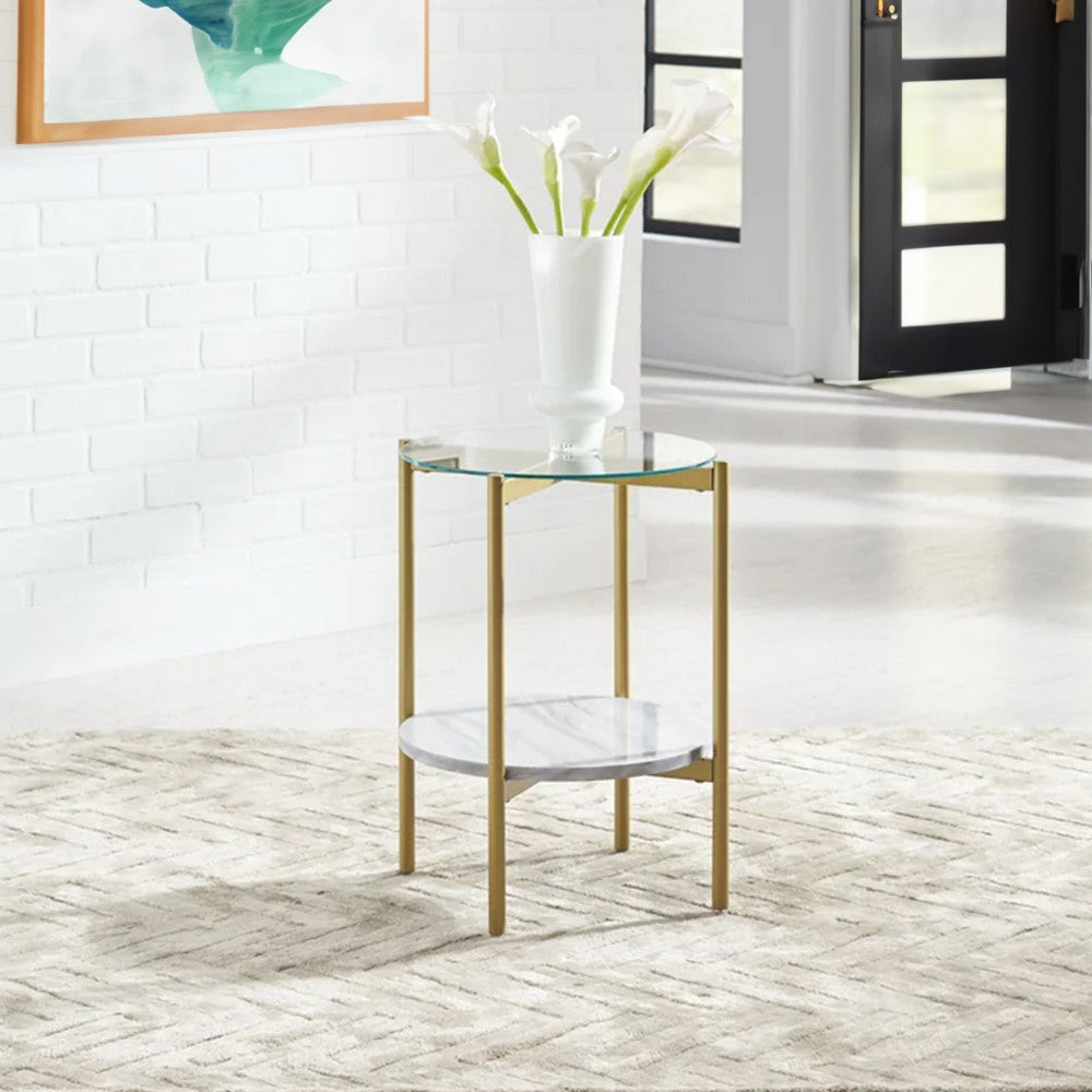 Glass Top Metal End Table with Marble Shelf, Gold and White By Casagear Home