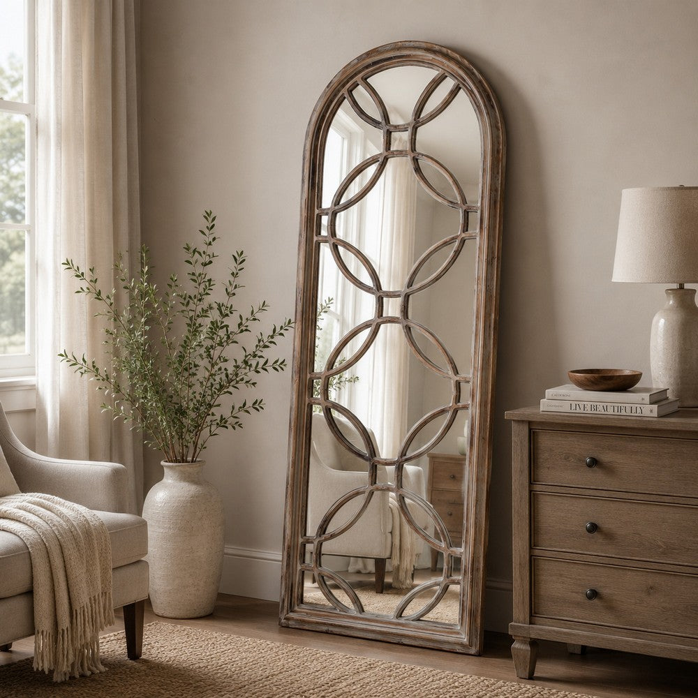 Floor Mirror | Arched Wood Frame | Ring Design | Brown