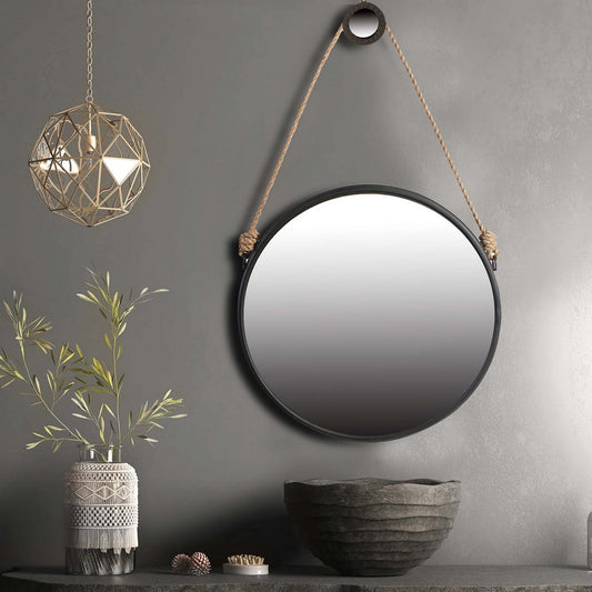 Round Metal Encased Mirror with Braided Rope Hanger, Black By Casagear Home