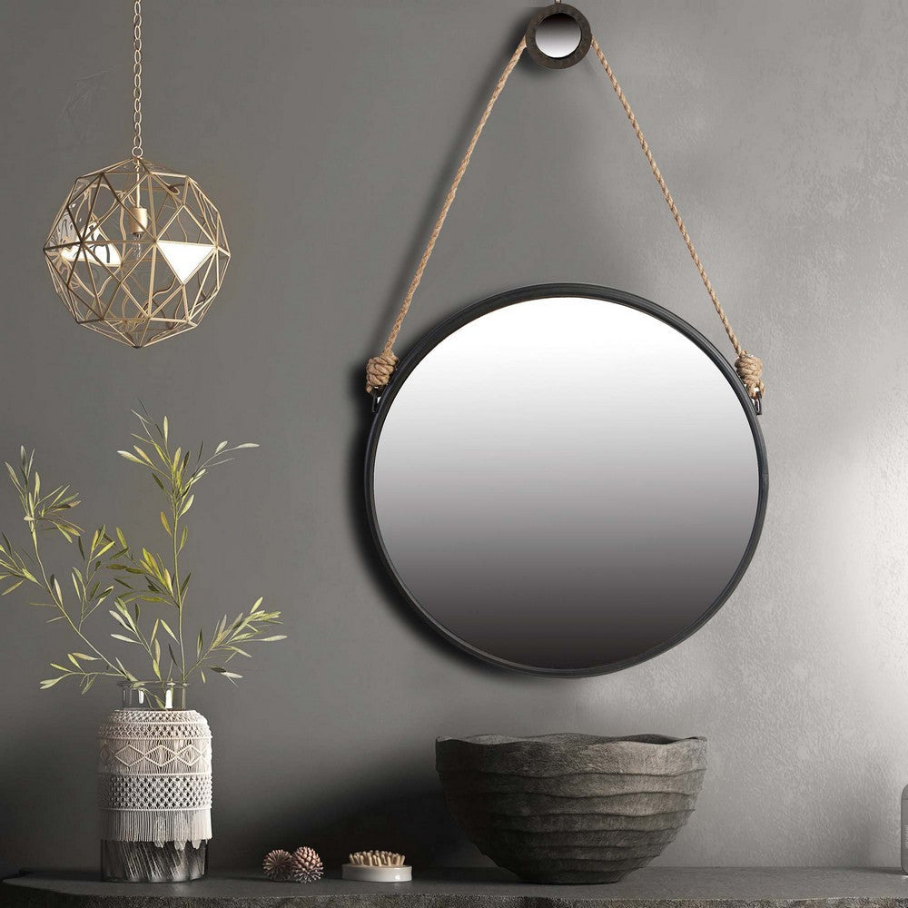 Wall Mirror | Round Metal Frame | Rope Hanger | Black