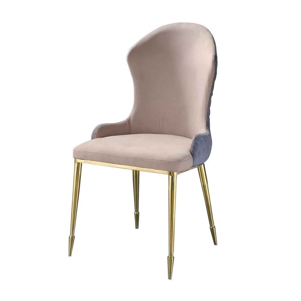 Fabric Upholstered Side Chair with Spindle Legs, Set of 2, Beige and Gold