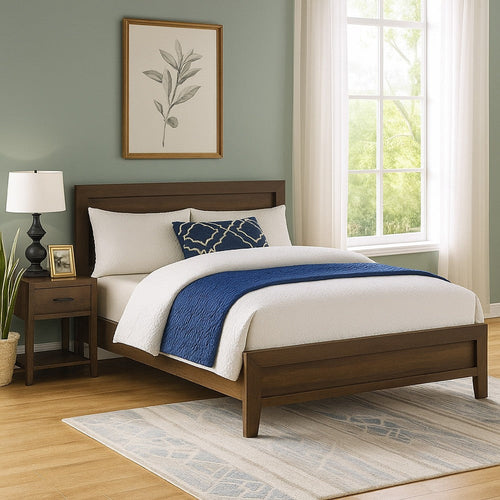 Queen Bed | Wood | Molded Headboard | Chamfered Legs | Brown