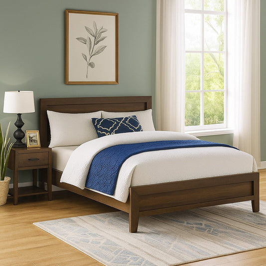 Queen Bed | Wood | Molded Headboard | Chamfered Legs | Brown
