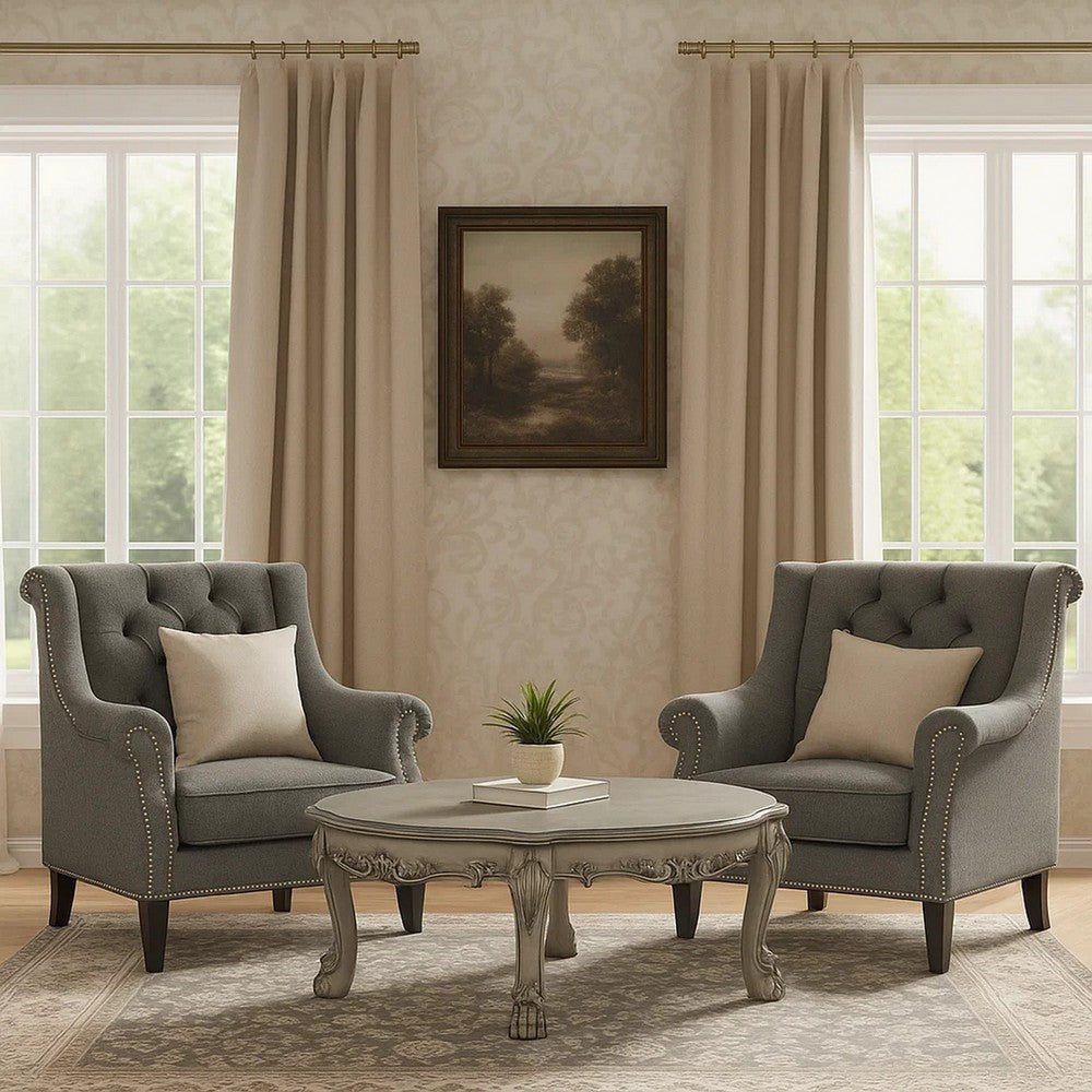 Scalloped Top Wooden Coffee Table with Claw Legs Support, Antique Silver