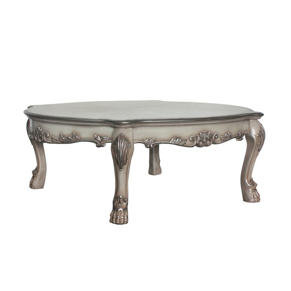 Scalloped Top Wooden Coffee Table with Claw Legs Support, Antique Silver