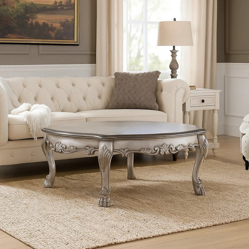 Scalloped Top Wooden Coffee Table with Claw Legs Support, Antique Silver