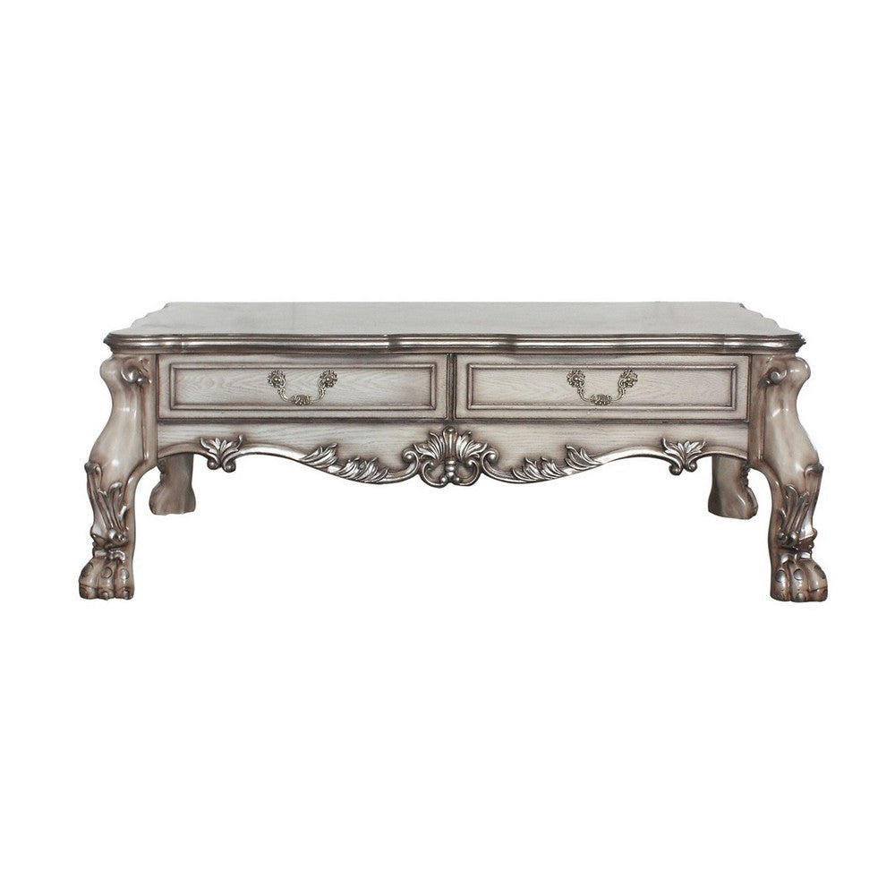 2 Drawers Wooden Coffee Table with Oversized Claw Legs Antique Silver By Casagear Home BM226899