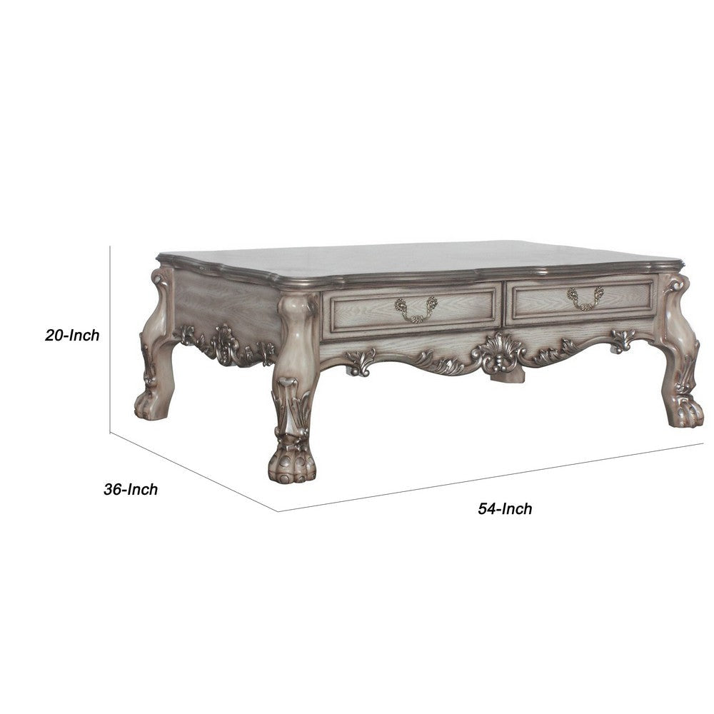 2 Drawers Wooden Coffee Table with Oversized Claw Legs Antique Silver By Casagear Home BM226899