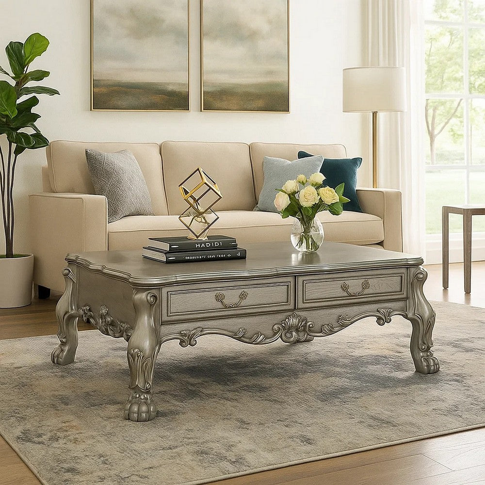 Coffee Table | 2 Drawer | Oversized Claw Legs | Antique Silver