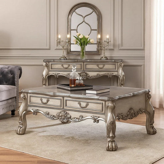 Coffee Table | 2 Drawer | Oversized Claw Legs | Antique Silver