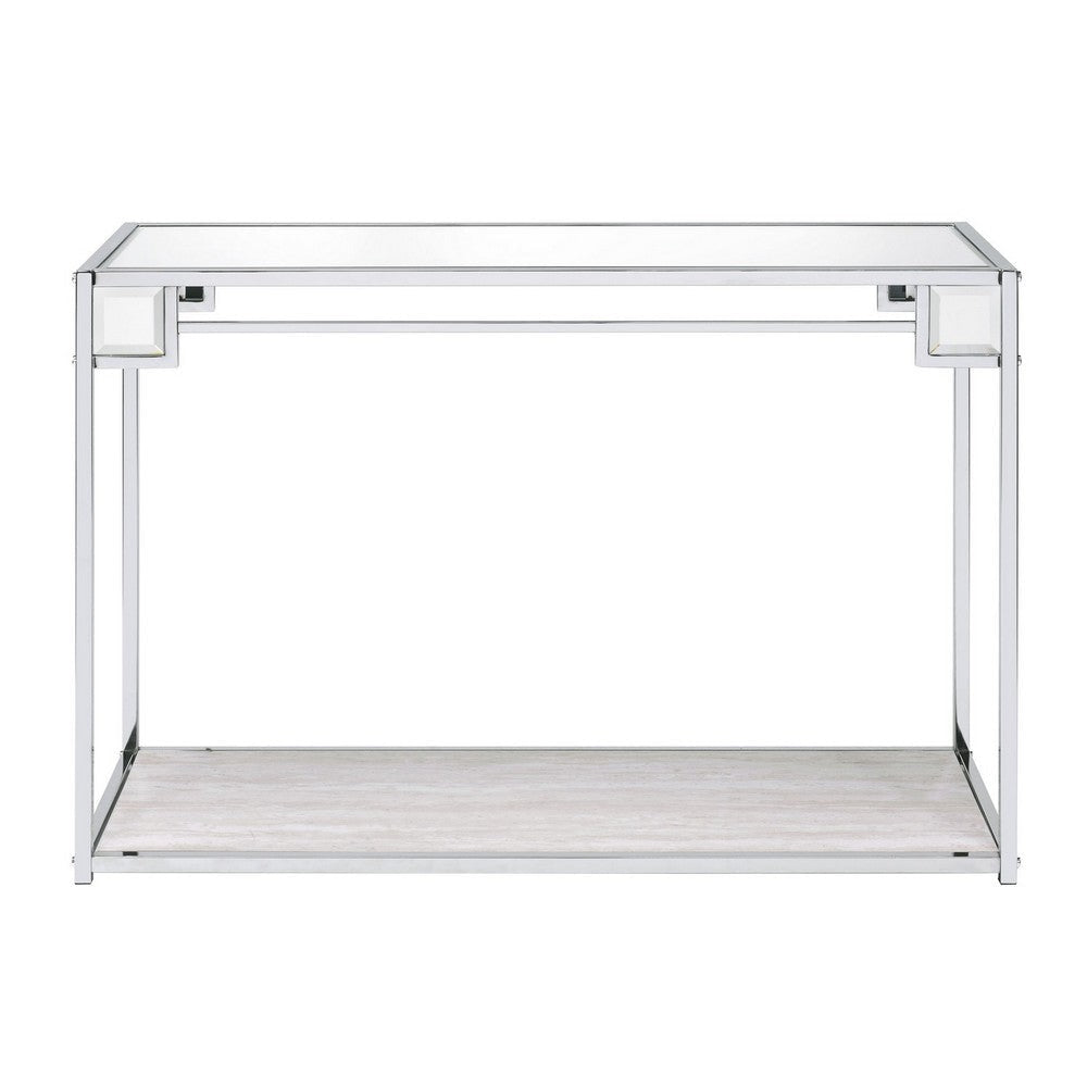 Mirror Top Metal Console Table with Wooden Open Bottom Shelf Silver BM226901