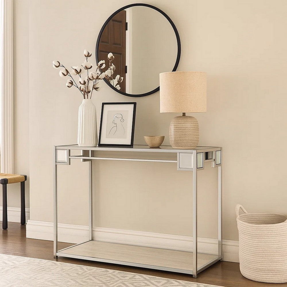 Mirror Top Metal Console Table with Wooden Open Bottom Shelf, Silver