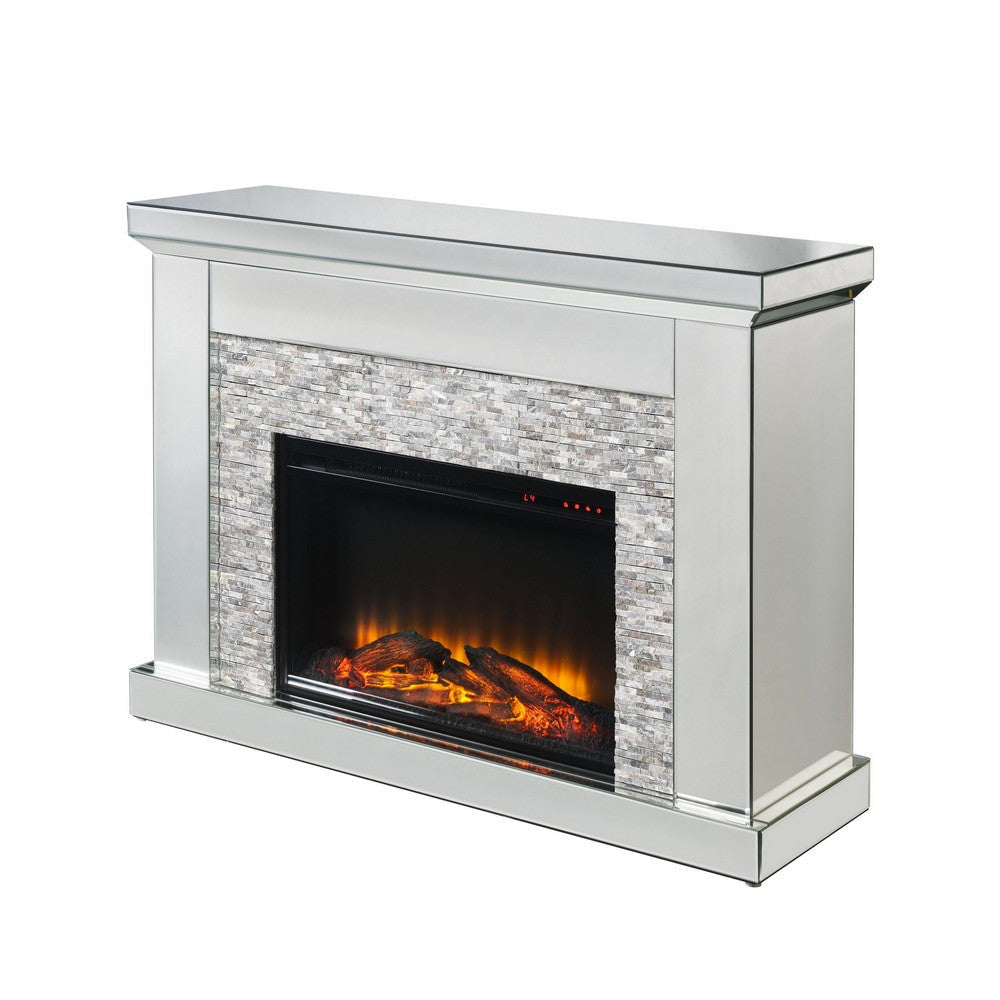 Electric Fireplace with Mirror Panel Framing and Stones Inlay, Silver