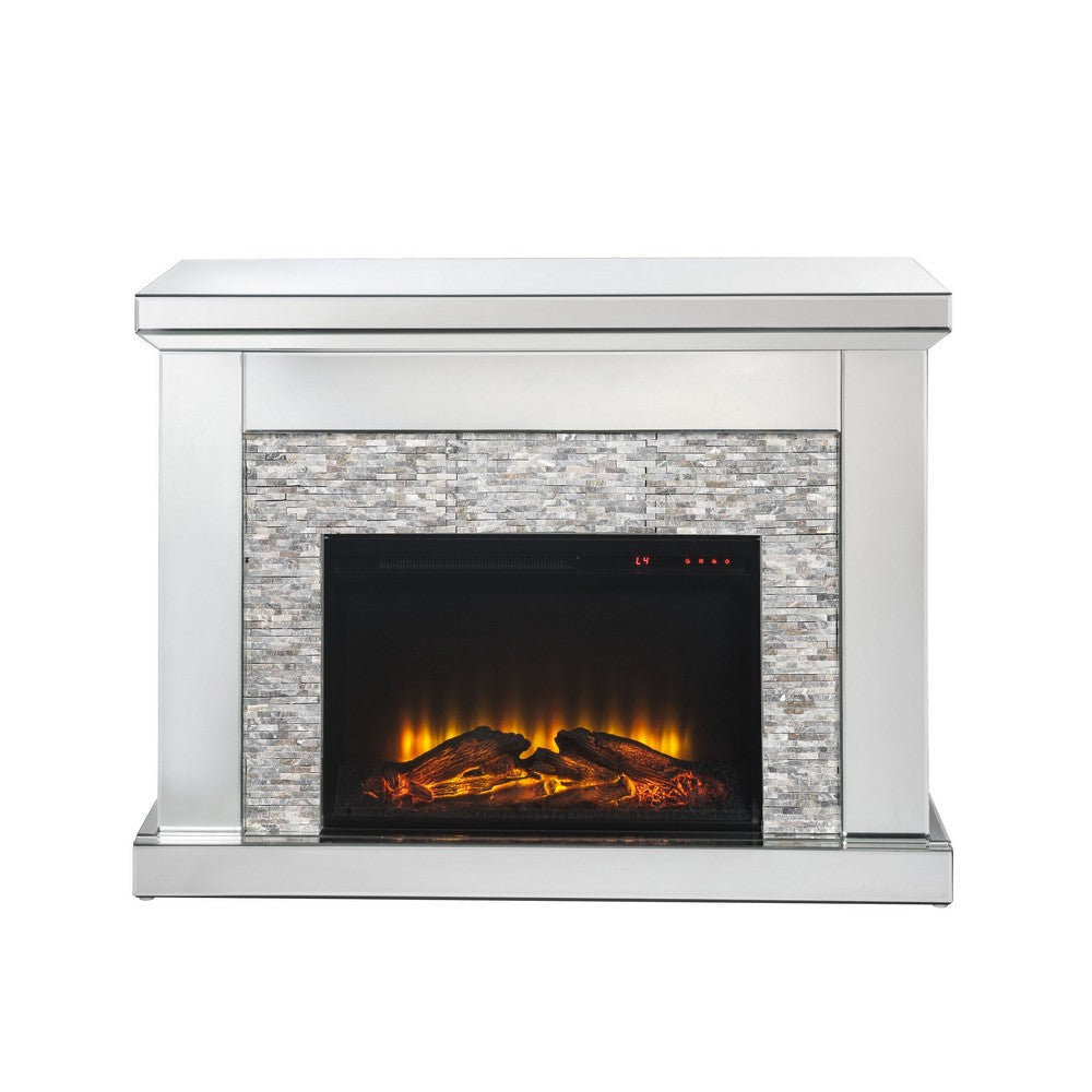 Electric Fireplace with Mirror Panel Framing and Stones Inlay Silver BM226902