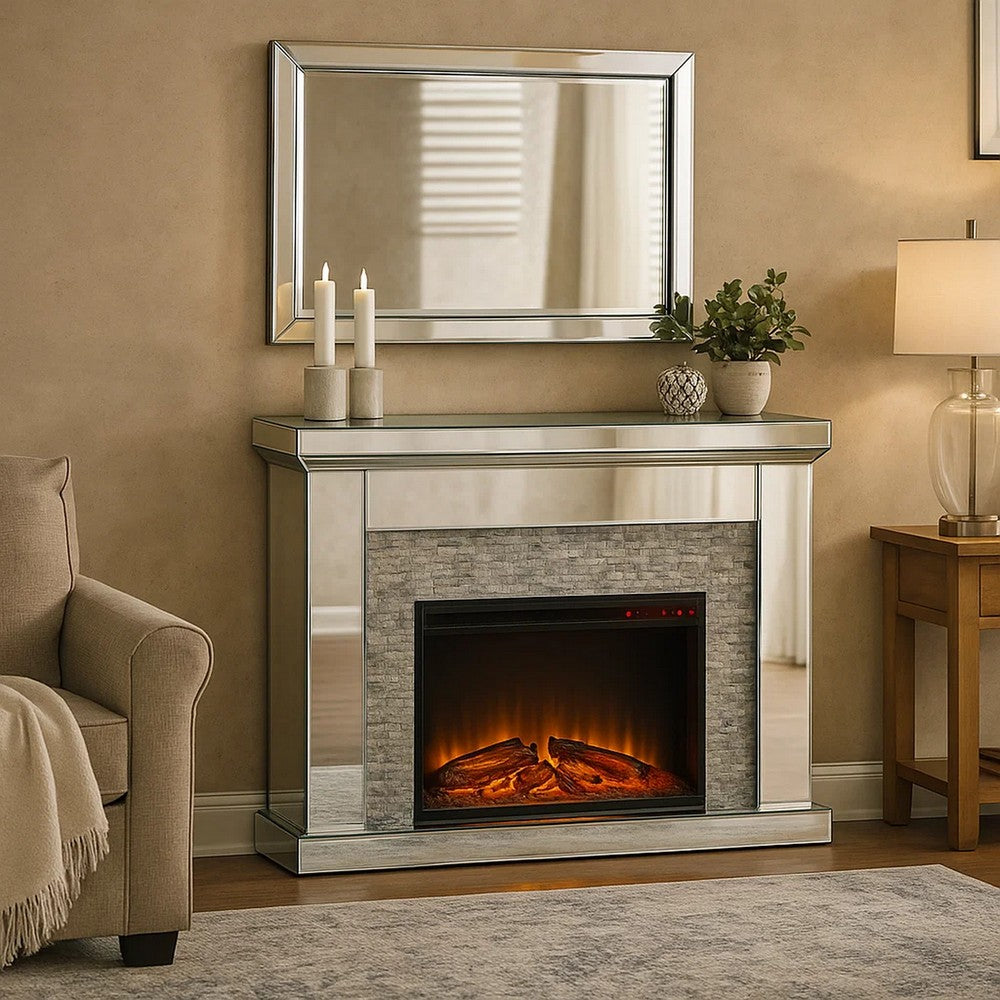 Electric Fireplace with Mirror Panel Framing and Stones Inlay, Silver