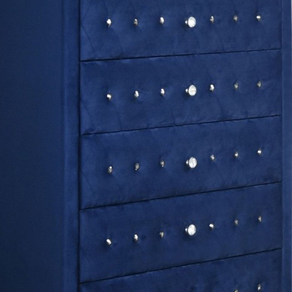 Velvet Upholstered 5 Drawer Wooden Chest with Faux Crustal Knobs Blue By Casagear Home BM226919