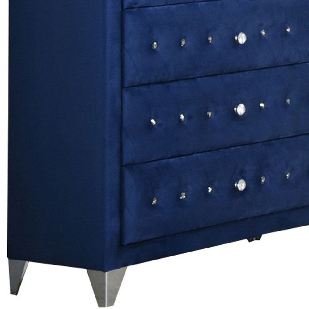 Velvet Upholstered 5 Drawer Wooden Chest with Faux Crustal Knobs Blue By Casagear Home BM226919