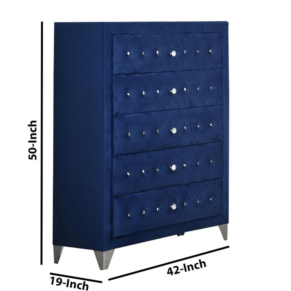 Velvet Upholstered 5 Drawer Wooden Chest with Faux Crustal Knobs Blue By Casagear Home BM226919