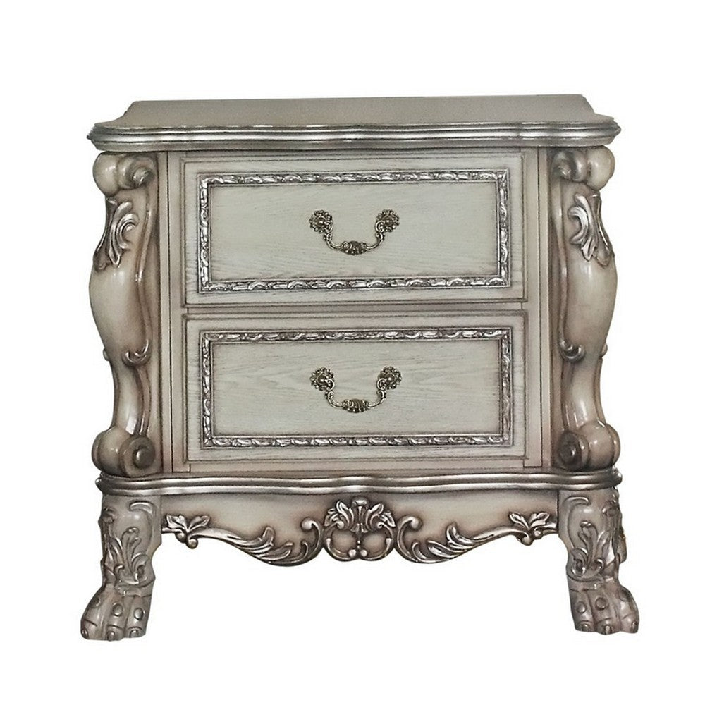 Traditional Wooden Nightstand with 2 Drawers and Carved Details Silver BM226924