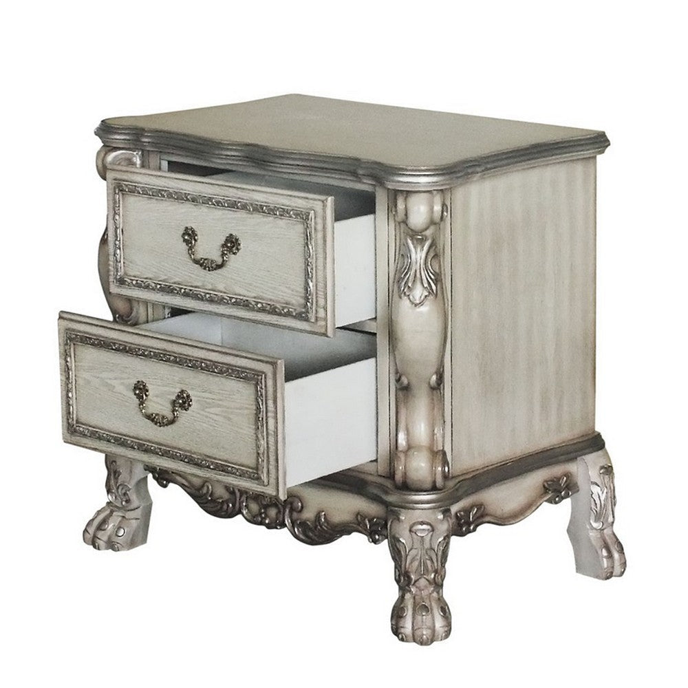 Traditional Wooden Nightstand with 2 Drawers and Carved Details Silver BM226924