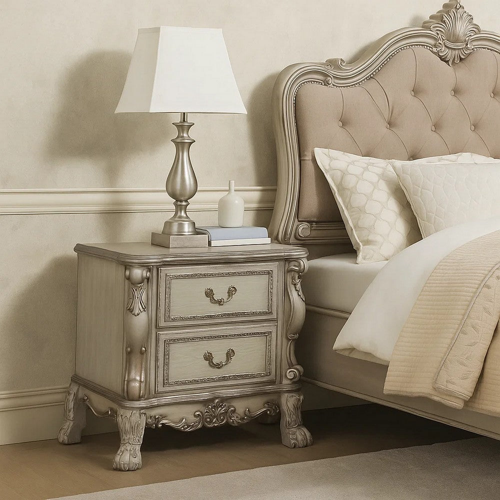 Traditional Wooden Nightstand with 2 Drawers and Carved Details, Silver