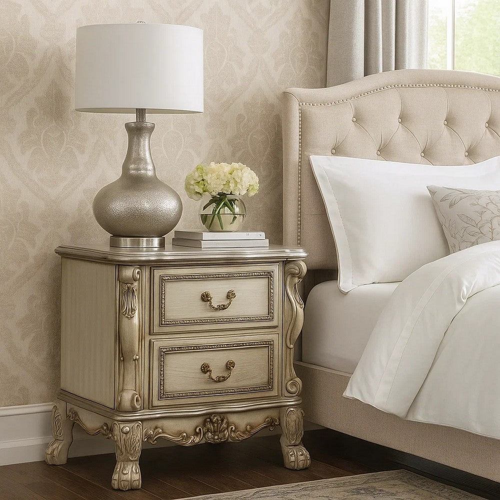 Traditional Wooden Nightstand with 2 Drawers and Carved Details, Silver