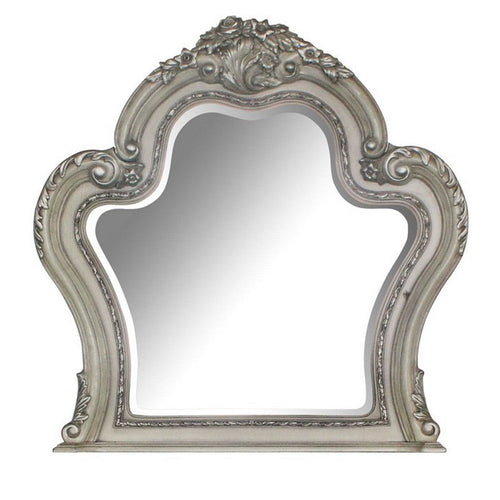 Arch Shape Wooden Frame Wall Mirror with Carved Details, Antique Silver