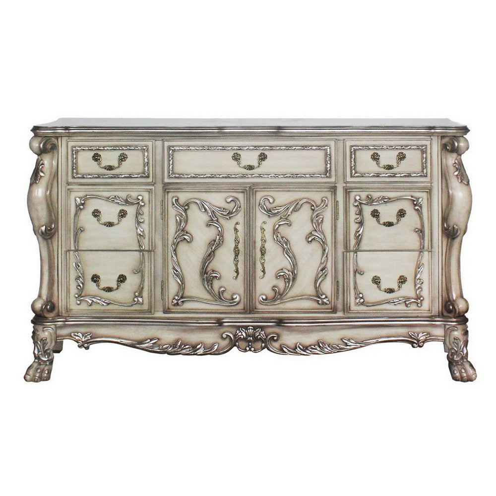 Traditional Wooden Nightstand with 7 Drawers and Carved Details, Silver