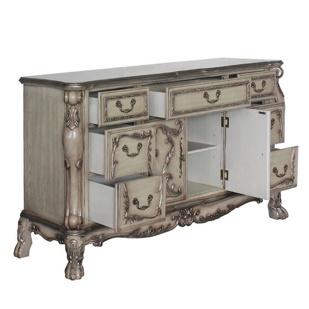 Traditional Wooden Nightstand with 7 Drawers and Carved Details, Silver